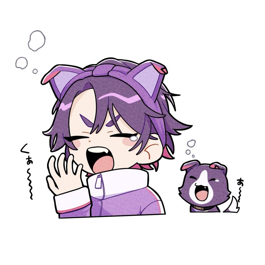 1boy, 4sm1050, animal_ear_hairband, animal_ears, arm_up, blush_stickers, cropped_torso, curtained_hair