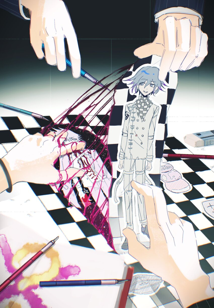 1girl, 3boys, blood, blood_on_hands, checkered_clothes, checkered_scarf, danganronpa_(series), danganronpa_v3:_killing_harmony, drawing_(object), eraser, facial_hair, flipped_hair, guro, hair_between_eyes, harukawa_maki, highres, holding, holding_paper, long_sleeves, male_focus, momota_kaito, mq_meng_xin, multiple_boys, oma_kokichi, out_of_frame, paper, pencil, pink_blood, pov, pov_hands, purple_eyes, purple_facial_hair, purple_hair, ripping, saihara_shuichi, scarf, short_hair, spiked_hair, spoilers, surreal, symbolism, two-tone_scarf