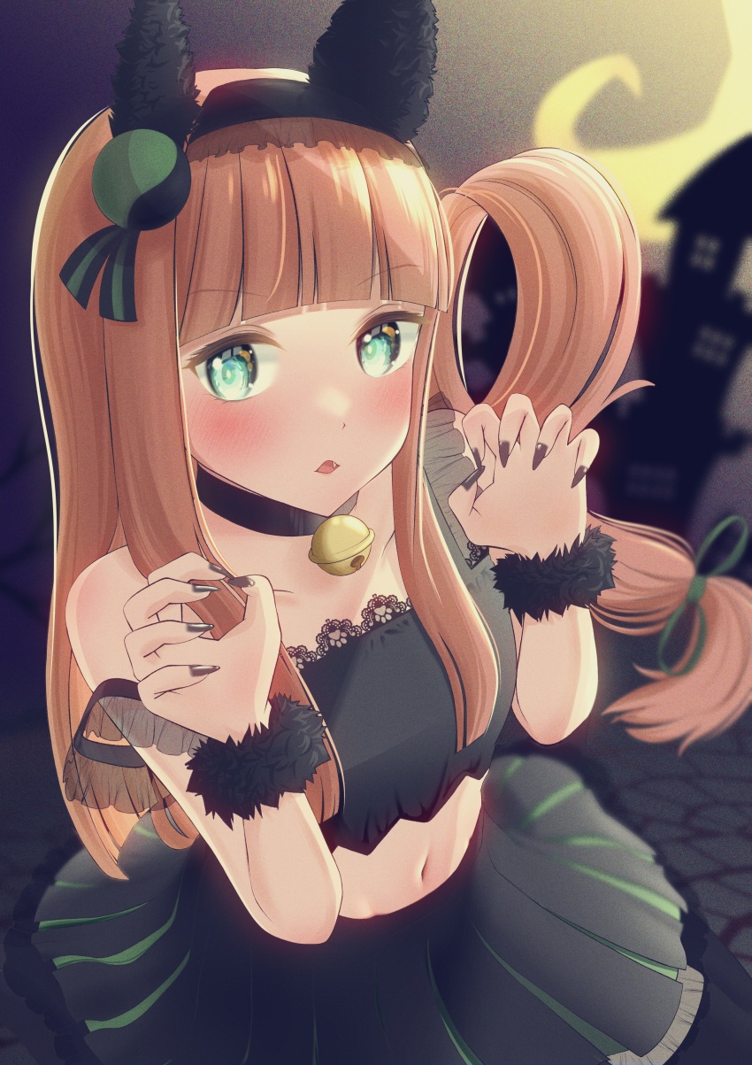 1girl, absurdres, alternate_costume, animal_ears, aqua_eyes, asymmetrical_sleeves, bell, black_hairband, black_nails, black_skirt, breasts, claw_pose, commentary_request, crescent_moon, ear_covers, ear_ornament, fur-trimmed_wristband, hairband, halloween, highres, hime_cut, horse_ears, horse_girl, horse_tail, lace, lace-trimmed_shirt, lace_trim, long_hair, long_sidelocks, looking_at_viewer, moon, nail_polish, navel, neck_bell, night, open_mouth, orange_hair, ponta_(1859ysmssstsp), shirt, sidelocks, silence_suzuka_(umamusume), single_bare_shoulder, skirt, small_breasts, solo, strap_slip, tail, umamusume
