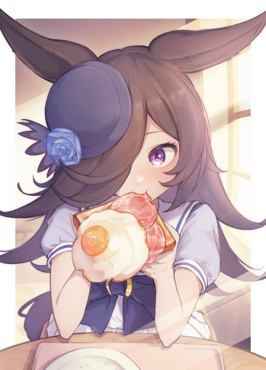 1girl, absurdres, animal_ears, beautifulinsnow, blue_flower, blue_rose, blush, border