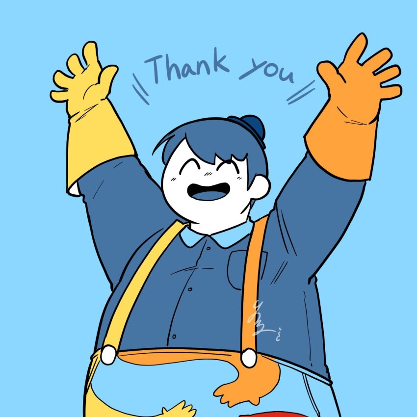 arms_up, blue_background, bowl, bowl_hat, colored_skin, doey_the_doughman, flat_color, gloves