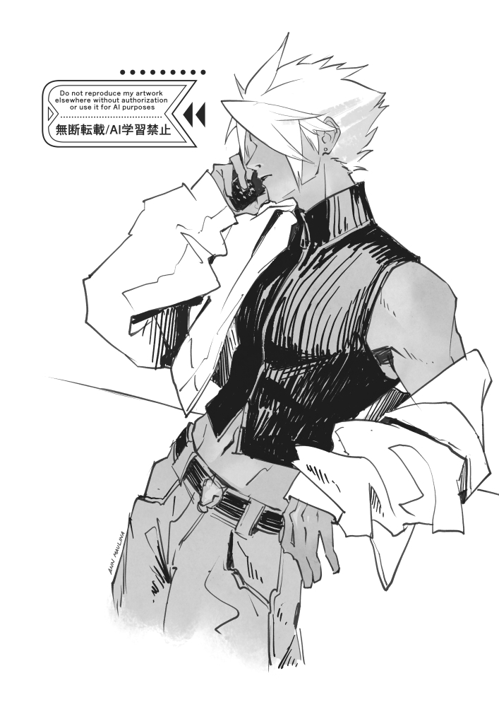 1boy, alternate_costume, ann_maulina, belt_buckle, buckle, cloud_strife, cowboy_shot, crop_top