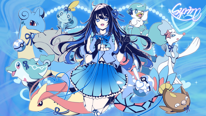 1girl, ahoge, alternate_costume, black_gloves, black_hair, blue_eyes, blue_ribbon, blue_shirt