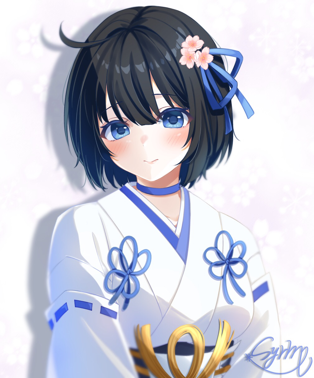 1girl, ahoge, alternate_hair_length, alternate_hairstyle, black_hair, blue_choker, blue_eyes, blush