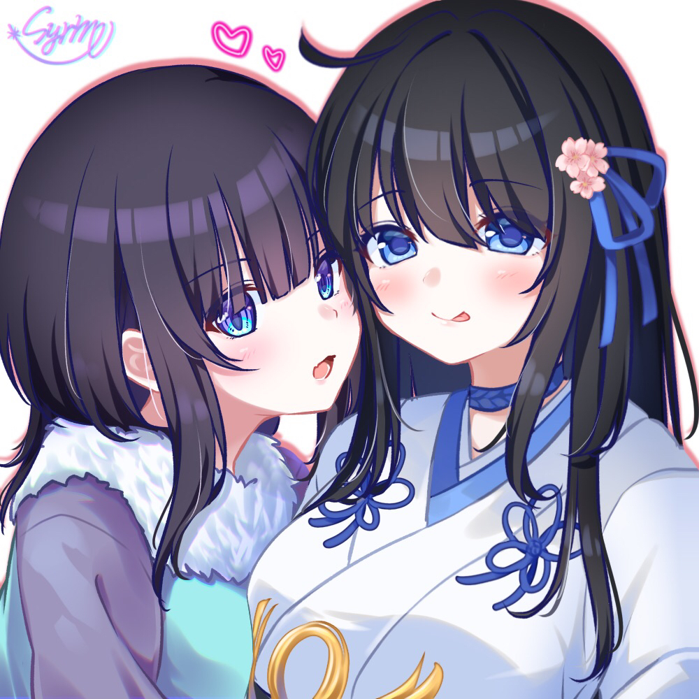 2girls, :p, black_hair, blue_eyes, blue_ribbon, blunt_bangs, blush, breasts