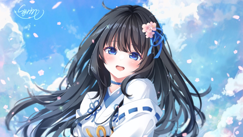 1girl, black_hair, blue_eyeliner, blue_eyes, blue_ribbon, blush, breasts, cloud