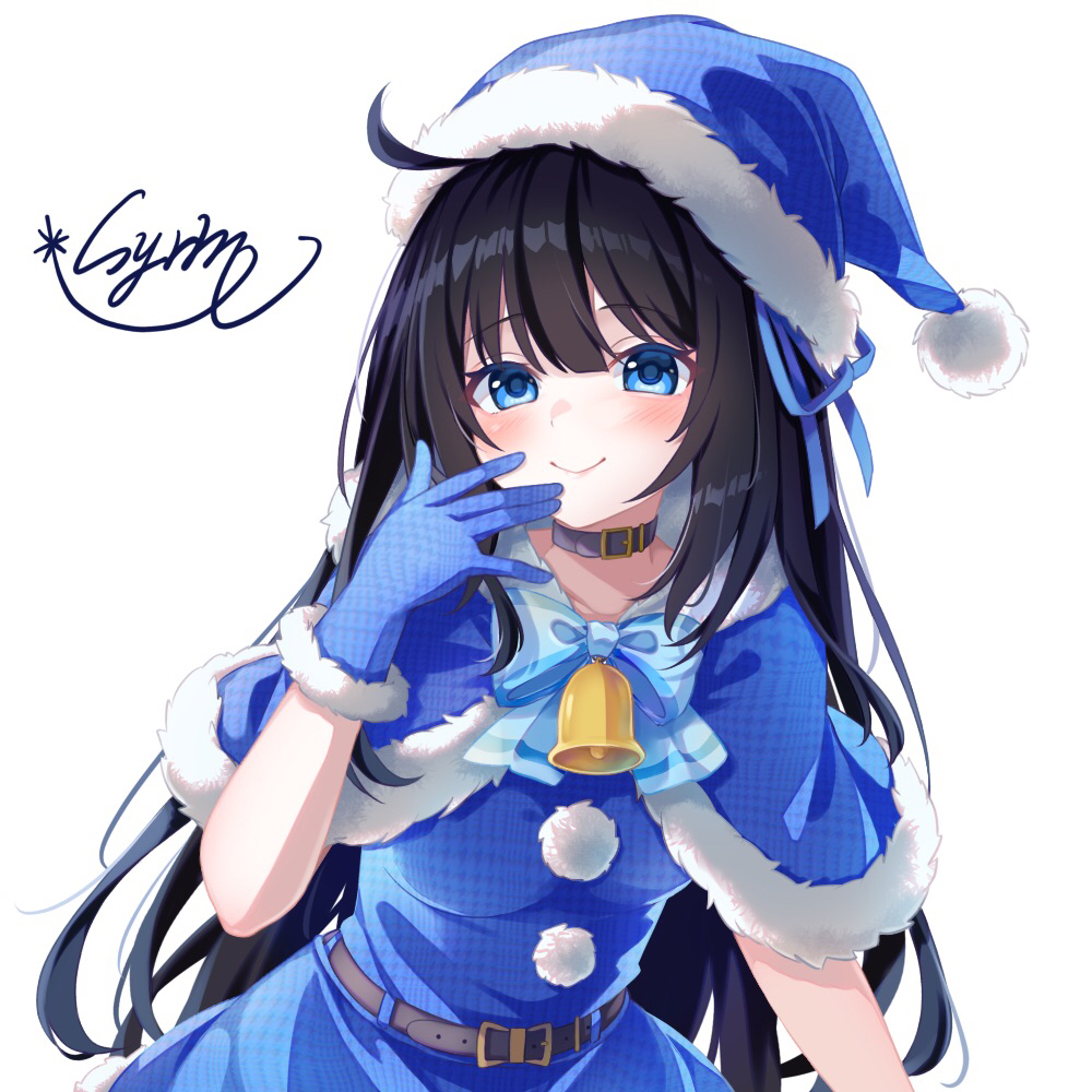 1girl, alternate_costume, bell, belt, belt_buckle, belt_collar, black_hair, blue_bow
