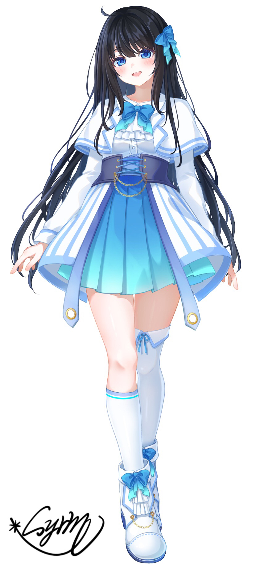 1girl, arms_at_sides, ascot, asymmetrical_legwear, black_hair, blue_bow, blue_bowtie, blue_eyes