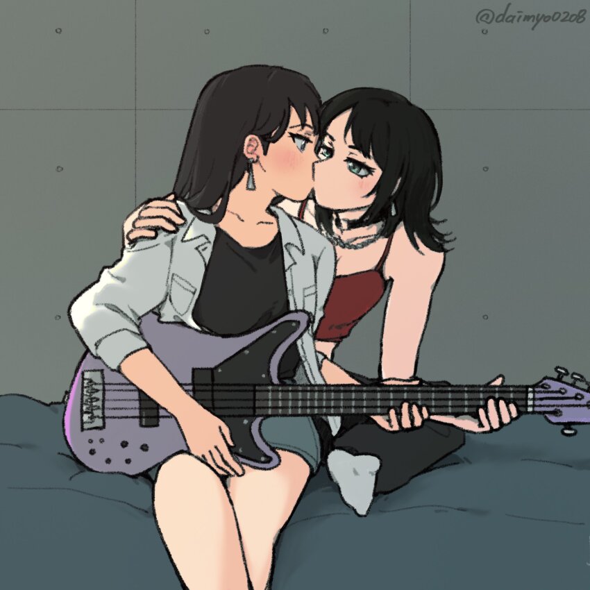 2girls, bang_dream!, bang_dream!_it's_mygo!!!!!, bare_arms, bass_guitar, black_hair, black_pants, black_shirt