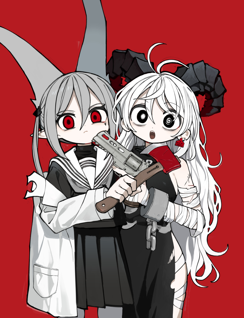 2girls, absurdres, abysmal, antenna_hair, axe, bags_under_eyes, bandaged_arm, bandaged_leg, bandages, black_dress, black_eyes, black_serafuku, black_shirt, black_skirt, broken, broken_chain, chain, cheek_press, commentary_request, crazy_eyes, cuffs, curled_horns, dress, ear_tag, feet_out_of_frame, grey_hair, gun, gun_to_head, hair_horns, handgun, hatchet_(axe), highres, holding, holding_axe, holding_gun, holding_weapon, horns, jacket, kokaki_mumose, long_hair, long_pointy_ears, long_sleeves, looking_at_viewer, maroma_(abysmal), multiple_girls, notched_ear, off_shoulder, official_art, open_clothes, open_jacket, open_mouth, pleated_skirt, pointy_ears, red_background, red_eyes, revolver, sailor_collar, school_uniform, serafuku, shackles, shion_(abysmal), shirt, side-by-side, side_slit, simple_background, skirt, standing, stitches, symbol-shaped_pupils, trigger_discipline, undershirt, weapon, weapon_to_neck, white_hair, white_jacket, white_sailor_collar, wide-eyed
