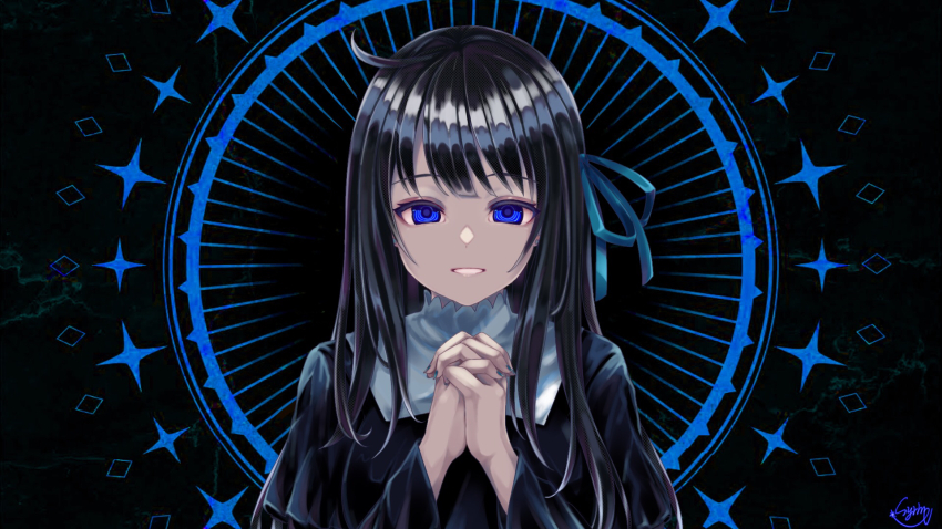 1girl, ahoge, alternate_costume, black_background, black_dress, black_hair, blue_eyes, blue_nails