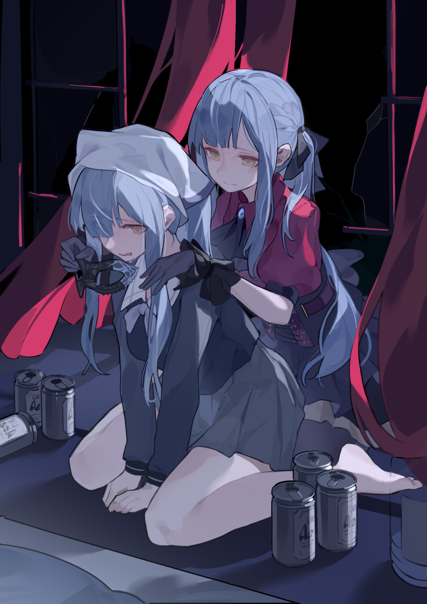 absurdres, asahi_breweries, bandana, bang_dream!, bang_dream!_it's_mygo!!!!!, barefoot, beer_can, black_gloves, blue_hair, braid, broken_window, can, collared_shirt, crying, curtains, drink_can, dual_persona, gloves, grey_skirt, hair_ribbon, high-waist_skirt, highres, long_hair, long_sleeves, mask, neck_ribbon, oblivionis_(bang_dream!), origami42169025, parted_bangs, pleated_skirt, ponytail, puffy_short_sleeves, puffy_sleeves, putting_on_mask, ribbon, school_uniform, shirt, short_sleeves, sidelocks, sitting, skirt, togawa_sakiko, torn_curtains, tsukinomori_school_uniform, wariza, wrist_cuffs, yellow_eyes