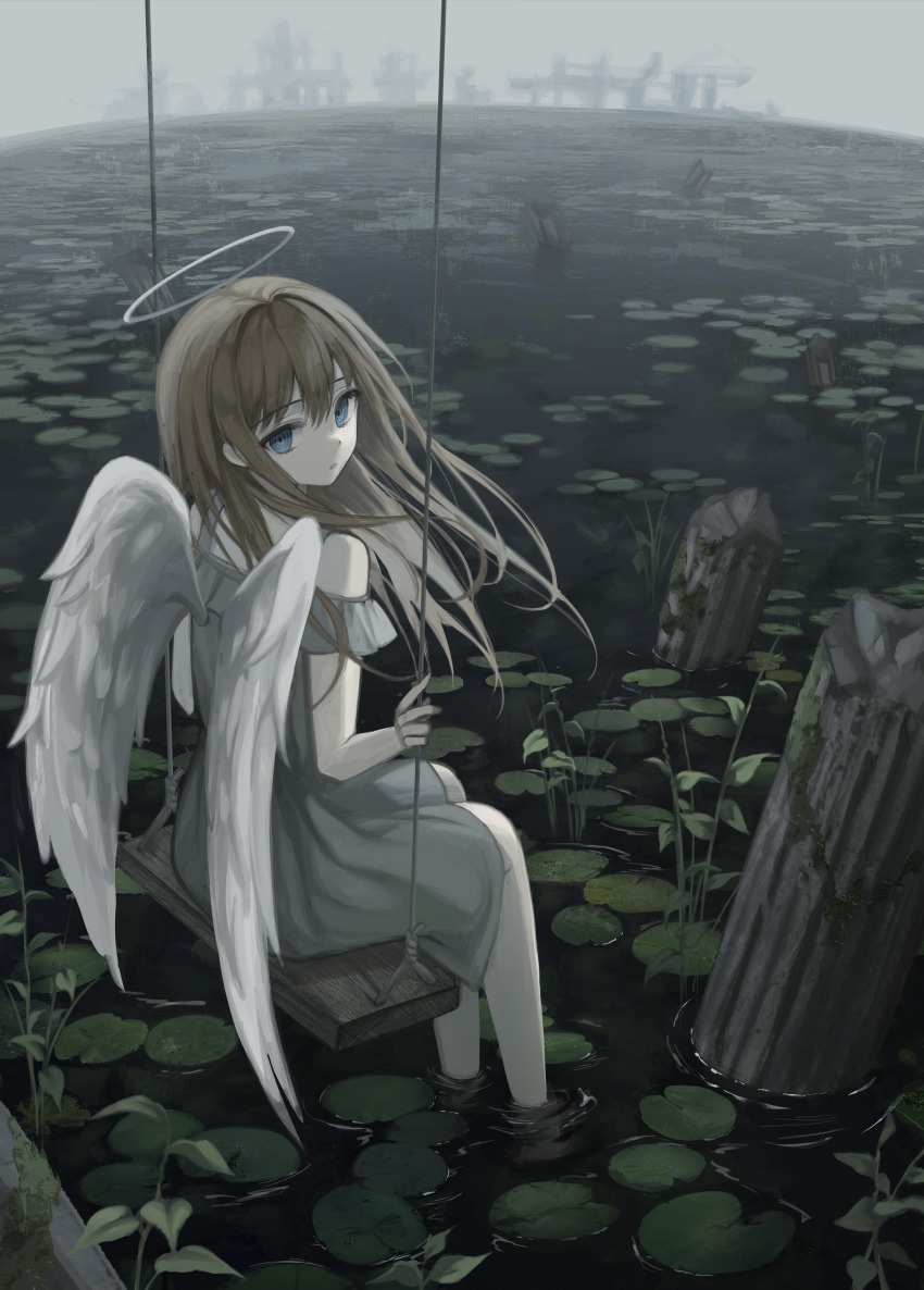 1girl, @_@, absurdres, angel, angel_wings, bare_shoulders, blue_eyes, brown_hair