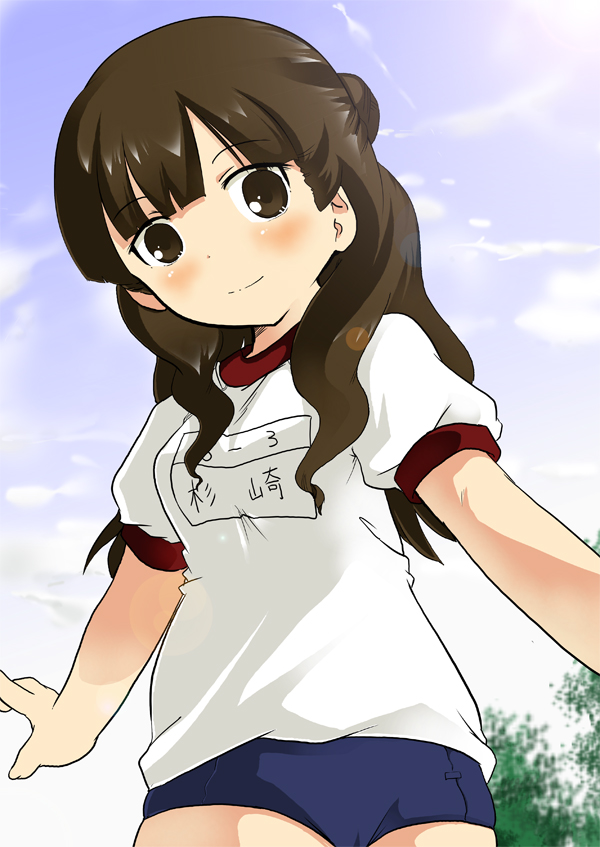 1girl, blue_sky, brown_hair, buruma, gym_uniform, mitsudomoe_(manga), sky, sugisaki_marina