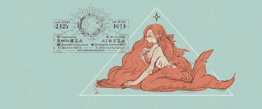 1girl, absurdly_long_hair, artist_logo, artist_name, aster0014, bare_shoulders, breasts, choker, closed_eyes, closed_mouth, commentary_request, dated, fins, full_body, gills, green_background, hand_on_own_chest, highres, large_breasts, logo, long_hair, mermaid, monster_girl, nude, orange_hair, orange_scales, orange_tail, original, pointy_ears, scales, simple_background, sitting, sketch, solo, sparkle, tail, triangle, very_long_hair, watermark
