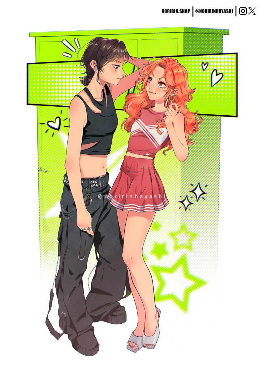 2girls, belt, black_belt, black_eyes, black_hair, black_nails, black_pants, black_shoes