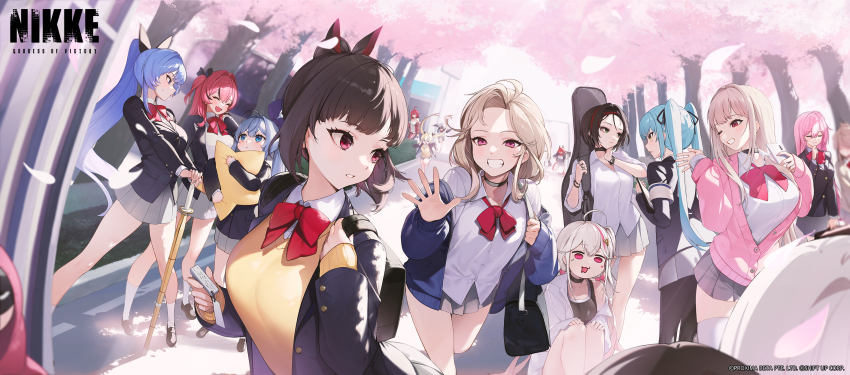 6+girls, :3, aegis_(nikke), ahoge, alternate_costume, anchor_(nikke), aqua_hair, bag, blazer, blonde_hair, blue_eyes, blue_hair, bow, bowtie, bracelet, breasts, brown_eyes, brown_hair, cardigan, cellphone, chasing, cherry_blossoms, choker, closed_eyes, collared_shirt, commentary, crow_(nikke), drake_(nikke), ein_(nikke), english_commentary, exotic_(nikke), fang, frima_(nikke), gate, goddess_of_victory:_nikke, green_eyes, green_skirt, grin, guitar_case, hair_ornament, hair_ribbon, hairclip, hand_up, hands_up, heart, hedge, helm_(nikke), highres, holding, holding_bag, holding_phone, horns, instrument_case, jackal_(nikke), jacket, jam_(nandade), jewelry, laplace_(nikke), large_breasts, leggings, loafers, long_hair, long_sleeves, looking_back, mast_(nikke), multicolored_hair, multiple_girls, nihilister_(nikke), note_cards, official_alternate_costume, official_art, one_eye_closed, outdoors, pants, partially_unbuttoned, petals, phone, pink_hair, pinne_(nikke), pleated_skirt, ponytail, privaty_(nikke), red_eyes, red_hair, red_hood_(nikke), ribbon, running, saliva, school, school_bag, school_uniform, shinai, shirt, shoes, short_hair, skin_fang, skirt, sleep_mask, sleeping, sleeping_bag, sleeves_rolled_up, smartphone, smile, snow_white_(innocent_days)_(nikke), snow_white_(nikke), socks, sports_bra, star_(symbol), streaked_hair, sword, thighhighs, track_jacket, track_pants, tree, twintails, unbuttoned, unbuttoned_shirt, very_long_hair, vest, viper_(nikke), waving, weapon, white_hair, wing_collar, zettai_ryouiki, zwei_(nikke)