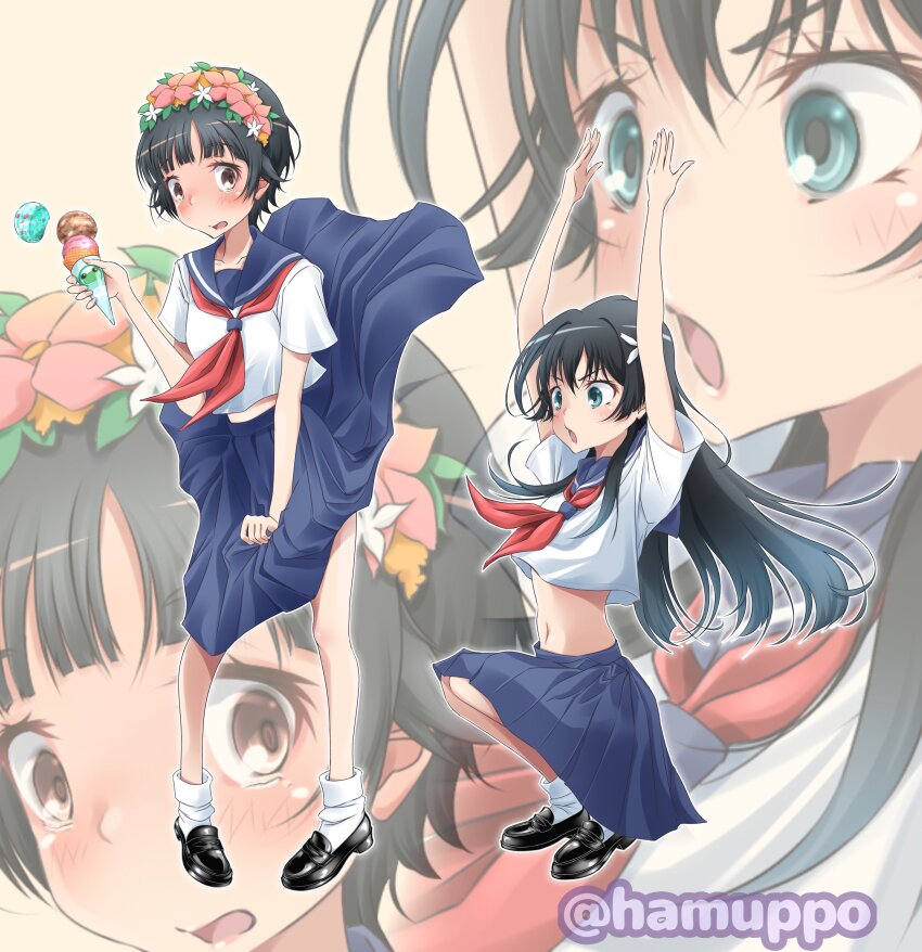 2girls, absurdres, black_hair, black_shoes, blue_eyes, blue_skirt, brown_eyes, clothes_lift, commentary_request, flower, flower_wreath, food, full_body, hair_flower, hair_ornament, hamuppo, head_wreath, highres, holding, holding_food, holding_ice_cream, ice_cream, long_hair, multiple_girls, navel, neckerchief, red_neckerchief, sakugawa_school_uniform, saten_ruiko, school_uniform, serafuku, shoes, short_hair, skirt, skirt_lift, socks, squatting, standing, toaru_kagaku_no_railgun, toaru_majutsu_no_index, uiharu_kazari, white_socks, zoom_layer
