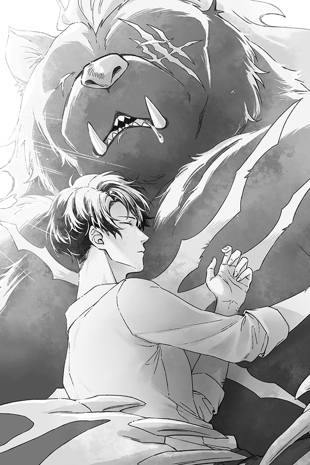 1boy, 1other, animal, bear, black_hair, bloom, cenjun9, claws, closed_mouth, collared_shirt, drooling, holding, hug, long_sleeves, male_focus, monochrome, saliva, scar, scar_on_face, sharp_teeth, shirt, short_hair, sleeping, solo_leveling, sung_jin-woo, tank_(solo_leveling), teeth, tusks, white_background, white_shirt