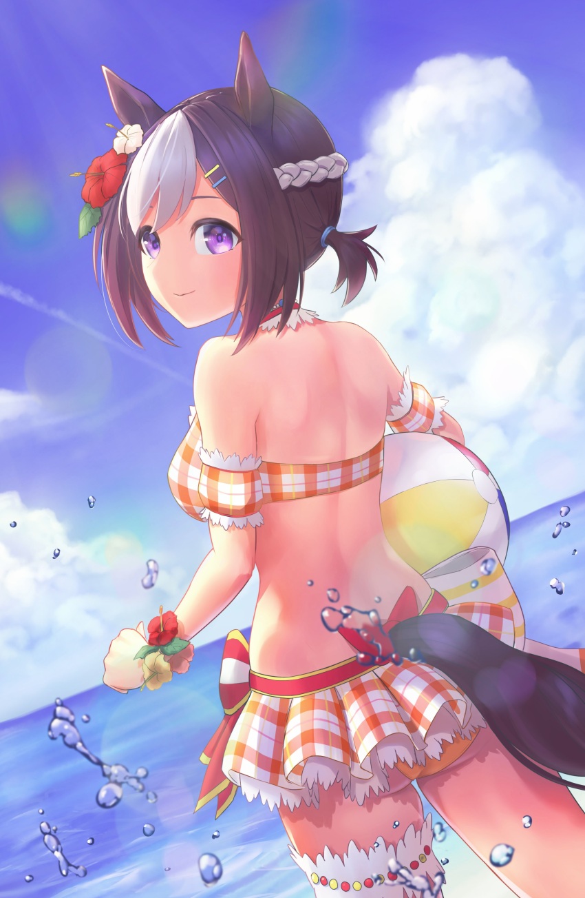 1girl, absurdres, animal_ears, bikini, bikini_skirt, braid, breasts, brown_hair, cleavage, closed_mouth, commentary_request, crown_braid, daiwa_uho, flower, from_behind, hair_flower, hair_ornament, hair_tie, hair_up, hibiscus, highres, horse_ears, horse_girl, horse_tail, jewelry, lens_flare, looking_at_viewer, medium_hair, multicolored_hair, necklace, ocean, official_alternate_costume, official_alternate_hairstyle, orange_bikini, plaid_bikini, plaid_clothes, ponytail, purple_eyes, short_hair, short_ponytail, smile, solo, special_week_(hopp'n_happy_heart)_(umamusume), special_week_(umamusume), standing, swimsuit, tail, tem_(tempainting1), umamusume, wading, white_hair