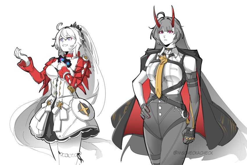 2girls, :d, ahoge, astra_yao, astra_yao_(cosplay), asymmetrical_gloves, black_gloves, breasts, closed_mouth, collared_shirt, commentary, company_connection, cosplay, dress, elbow_gloves, english_commentary, evelyn_chevalier, evelyn_chevalier_(cosplay), gloves, hand_on_own_hip, highres, honkai_(series), honkai_impact_3rd, horns, jacket, kiana_kaslana, kiana_kaslana_(herrscher_of_finality), long_hair, medium_breasts, mihoyo, mismatched_gloves, mscheckacheck, multiple_girls, necktie, open_mouth, ponytail, purple_eyes, raiden_mei, raiden_mei_(herrscher_of_thunder), red_jacket, shirt, simple_background, smile, thigh_strap, very_long_hair, white_background, white_dress, white_hair, white_shirt, yellow_necktie, zenless_zone_zero