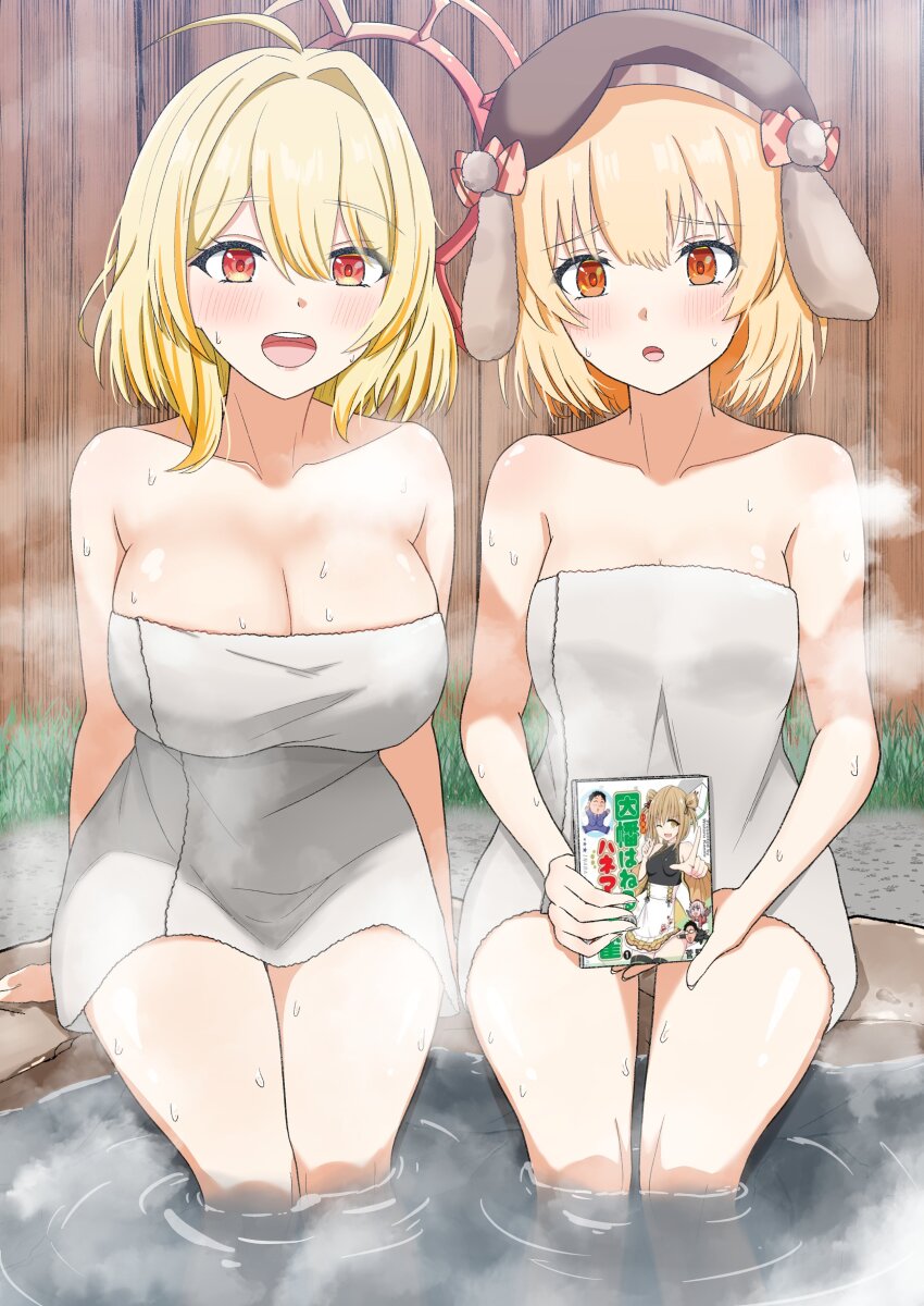 2girls, absurdres, animal_ears, beret, blonde_hair, blush, breast_envy, breasts