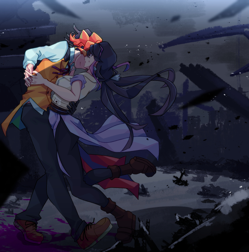 1boy, 1girl, abandoned, arched_back, black_gloves, black_hair, black_pants, black_pantyhose