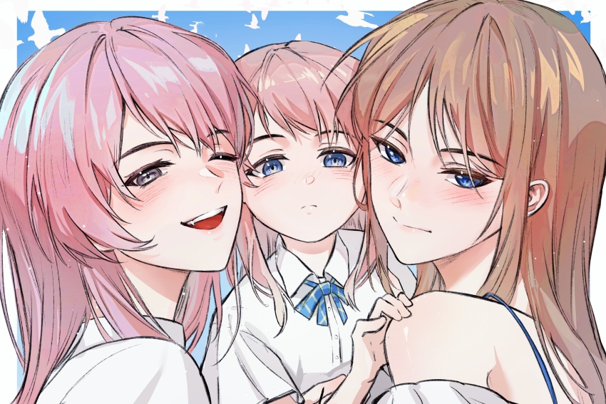 3girls, absurdres, bang_dream!, bang_dream!_it's_mygo!!!!!, bare_shoulders, bird, blue_eyes, blue_ribbon, blue_sky, blush, brown_hair, chihaya_anon, chinese_commentary, closed_mouth, collared_shirt, commentary_request, fang, grey_eyes, hero45439083942, highres, if_they_mated, long_hair, mother_and_child, mother_and_daughter, multiple_girls, nagasaki_anna, nagasaki_soyo, neck_ribbon, off-shoulder_shirt, off_shoulder, open_mouth, outdoors, parent_and_child, pink_hair, ribbon, science_babies, shirt, sky, smile, upper_body, white_bird, white_shirt, yuri