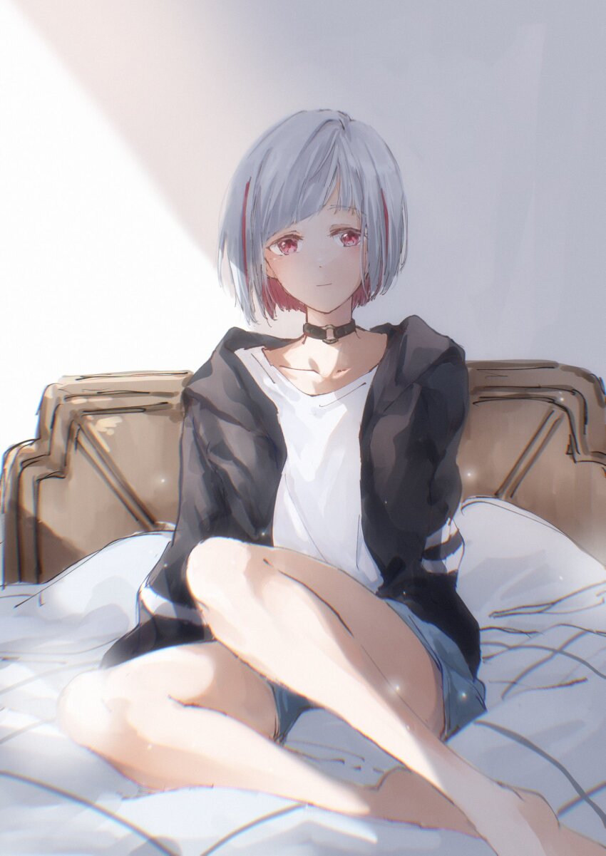 1girl, barefoot, black_choker, black_jacket, blue_shorts, blush, bob_cut, choker