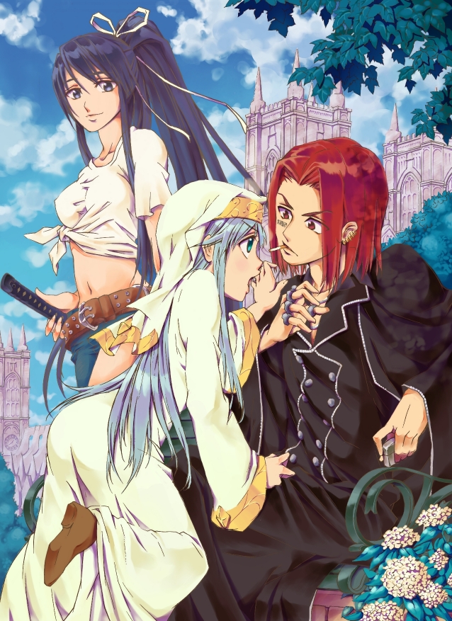 2girls, alternate_breast_size, aqua_eyes, asymmetrical_clothes, belt, black_hair, breasts, cape