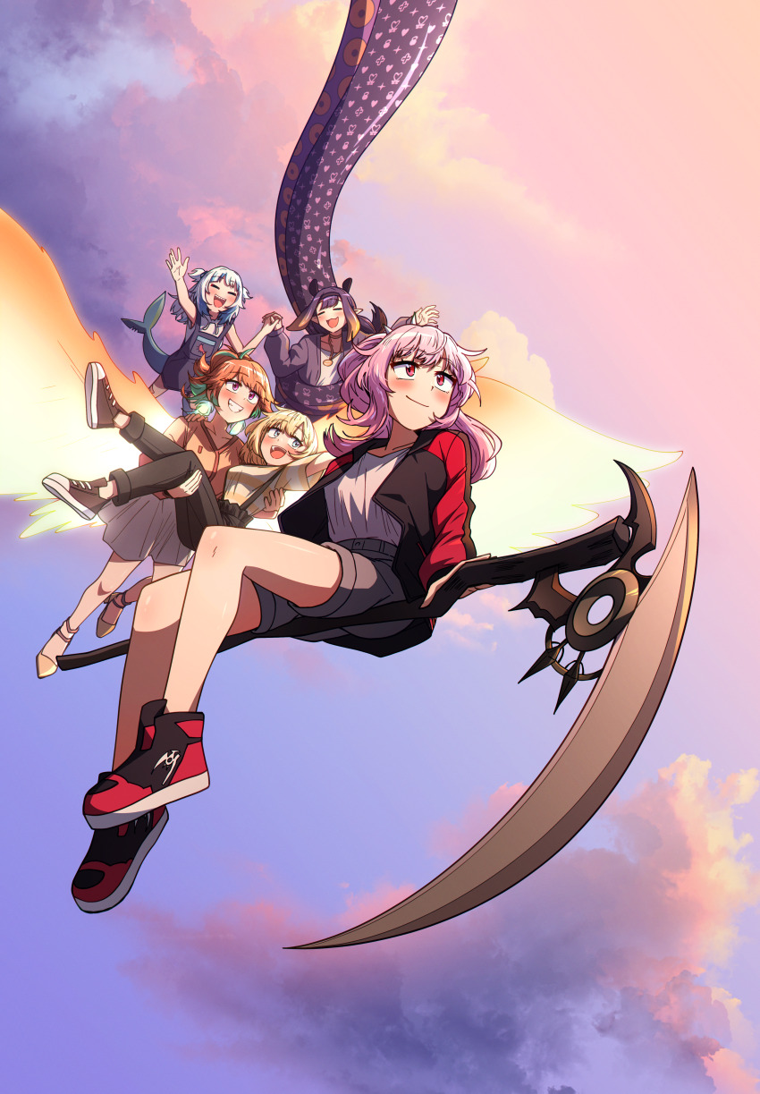 5girls, absurdres, black_jacket, black_pants, blush, brown_shoes, carrying, carrying_person