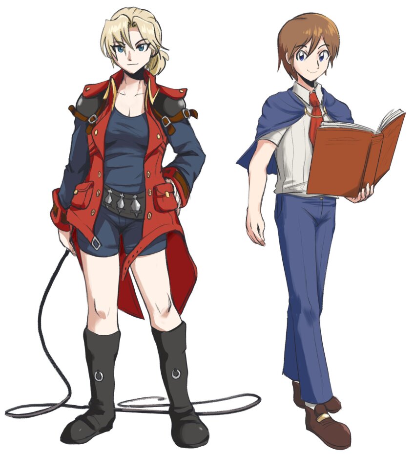 1boy, 1girl, armor, black_boots, blonde_hair, blue_capelet, blue_eyes, blue_pants