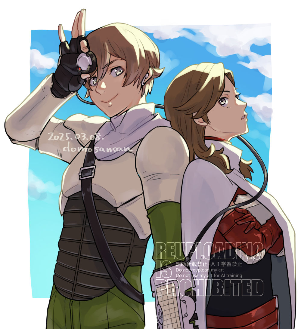 1boy, 1girl, artist_name, back-to-back, black_gloves, blue_sky, border, brown_hair