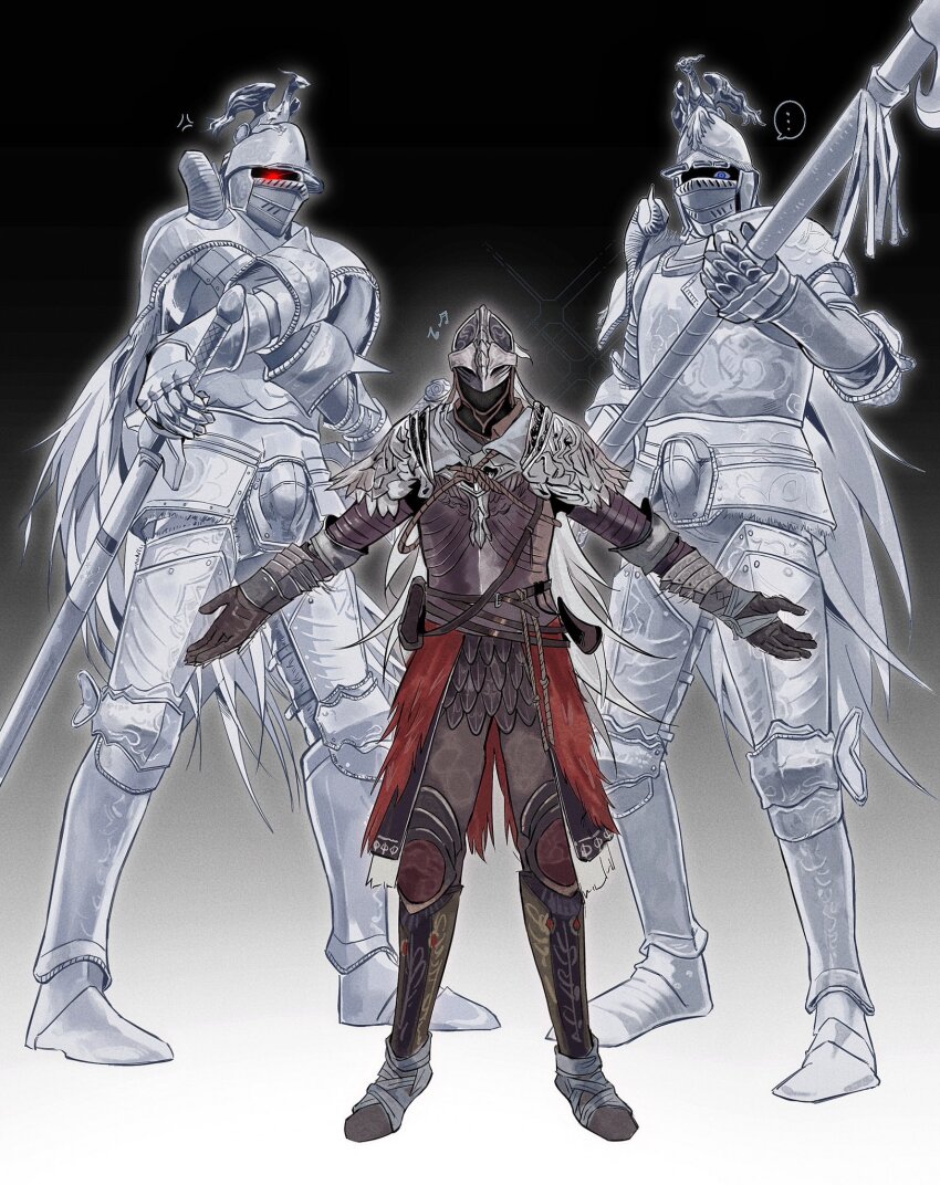 ..., 1other, 2boys, anger_vein, armor, banished_knight_engvall, banished_knight_oleg, black_background