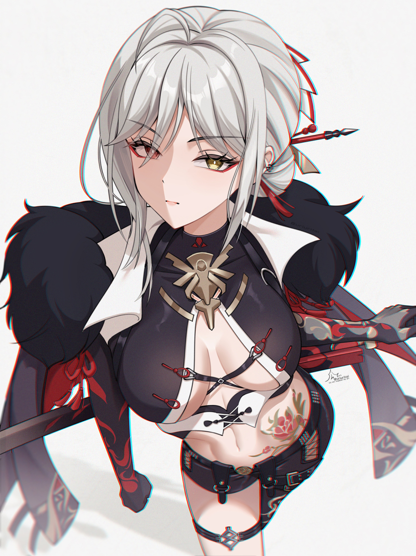 1girl, alpha:_crimson_weave_(pgr), alpha:_crimson_weave_(tsubaki)_(pgr), alpha_(pgr), asymmetrical_clothes, black_jacket, black_pants, breasts, bright_pupils, center_opening, chromatic_aberration, closed_mouth, commentary_request, cowboy_shot, crop_top, duplicate, ear_piercing, flower, flower_tattoo, fur-trimmed_jacket, fur_trim, hair_ornament, heterochromia, highres, jacket, jacket_on_shoulders, large_breasts, looking_at_viewer, lpha:_crimson_weave_(tsubaki)_(pgr), navel, official_alternate_costume, pants, piercing, pixel-perfect_duplicate, punishing:_gray_raven, red_eyes, red_flower, red_rose, rose, short_hair, sidelocks, single_pantsleg, solo, stomach, stomach_tattoo, tattoo, uriuritei, white_pupils, yellow_eyes