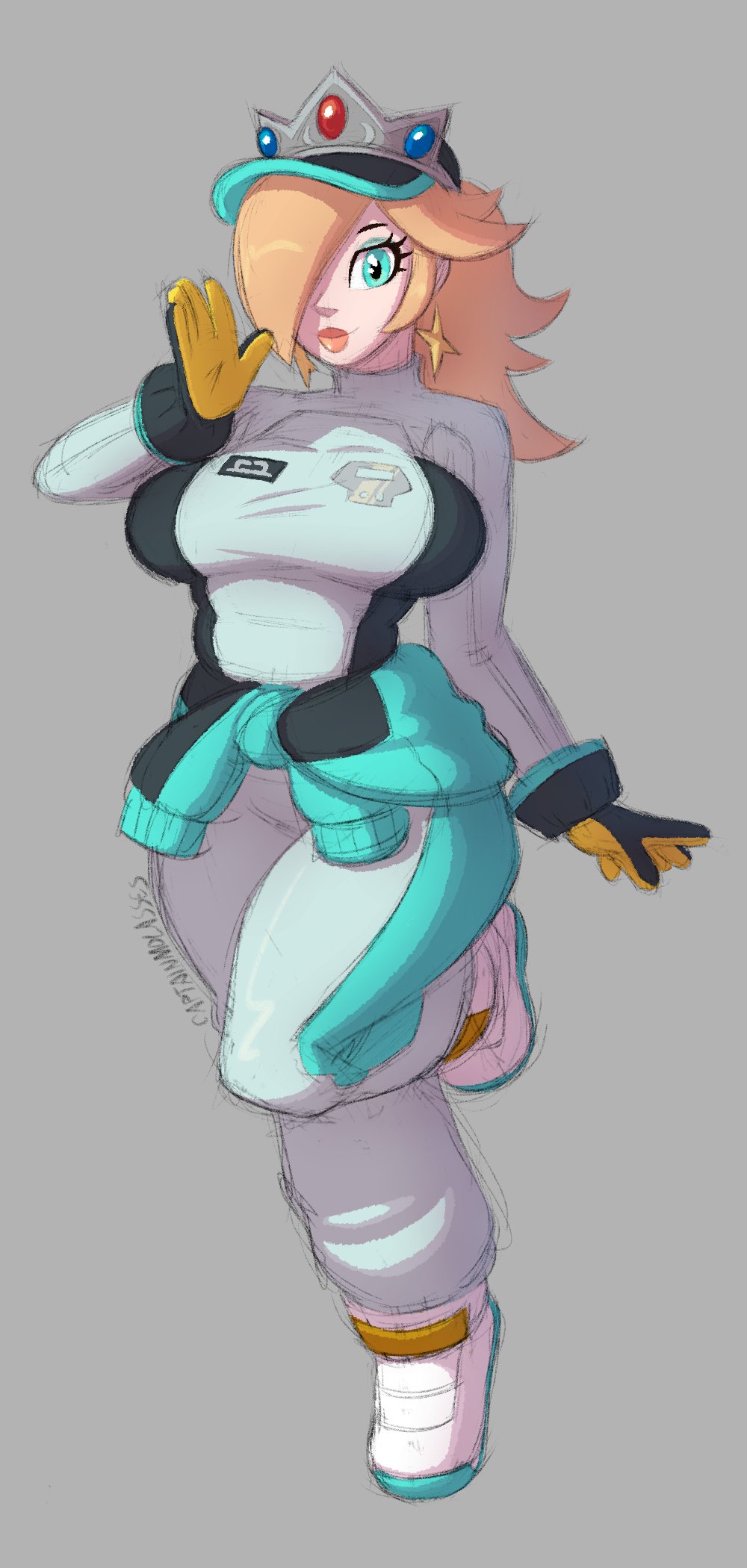 1girl, baggy_pants, baseball_cap, black_gloves, blonde_hair, blue_eyes, boots, breasts