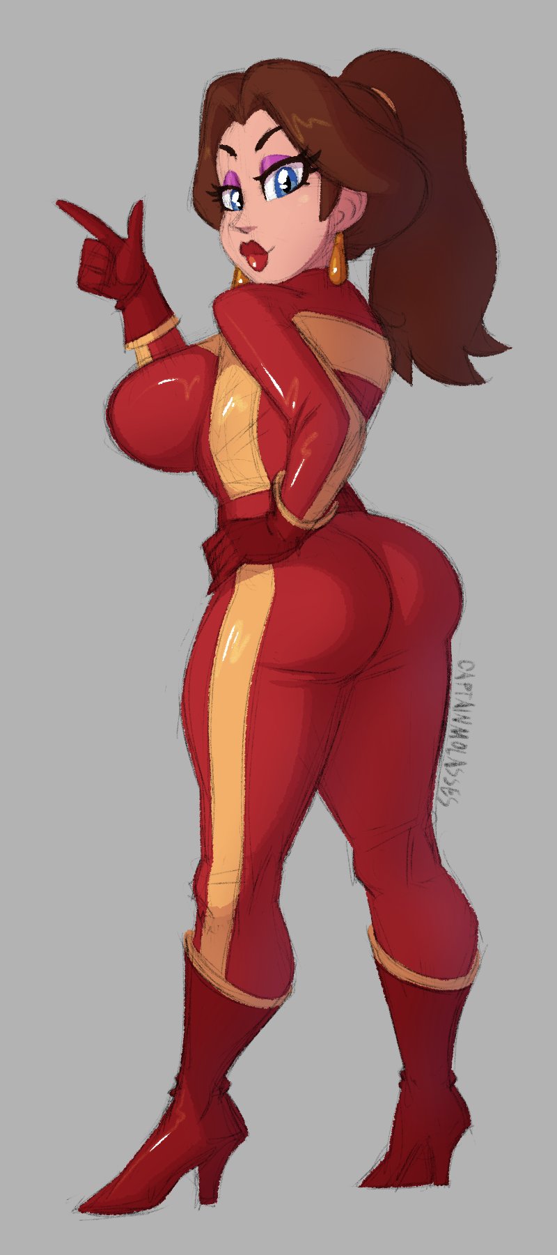 1girl, ass, blue_eyes, boots, brown_hair, captainmolasses, earrings, eyeshadow, from_behind, gloves, hand_on_own_hip, high_heel_boots, high_heels, highres, jewelry, makeup, mario_(series), mario_kart, mario_kart_world, nintendo, pauline_(aero)_(nintendo), pauline_(nintendo), ponytail, racing_suit, red_boots, red_gloves, red_lips, solo