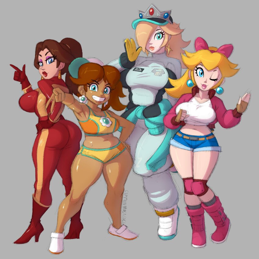 4girls, alternate_breast_size, ass, biker_clothes, bikesuit, black_gloves, blonde_hair, blue_eyes