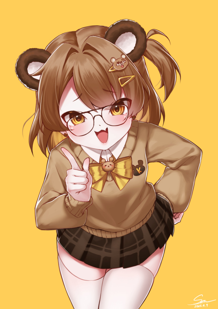 1girl, :d, animal_ears, bear_ears, bear_hair_ornament, bow, brown_hair, brown_shirt