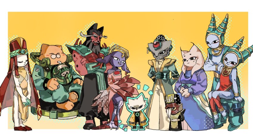 4girls, 6+boys, aaayamitsu, angry, black_bodysuit, bodysuit, border, brother_and_sister, cat_boy, cat_girl, chinese_clothes, chinese_commentary, colored_skin, commentary_request, dress, eigong_(nine_sols), fat, fat_man, furry, furry_male, fuxi_(nine_sols), goumang_(nine_sols), gradient_hair, harpy, hat, highres, ji_(nine_sols), jiequan_(nine_sols), kuafu_(nine_sols), lady_ethereal, looking_at_another, monster_girl, multicolored_hair, multiple_boys, multiple_girls, nine_sols, nuwa_(nine_sols), old, old_woman, orange_fur, outside_border, own_hands_together, purple_dress, purple_fur, red_hat, red_skin, siblings, standing, v-shaped_eyebrows, white_border, white_fur, yanlao_(nine_sols), yellow_background, yi_(nine_sols)