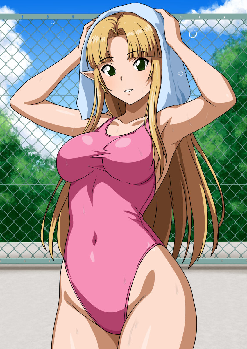 1girl, absurdres, blonde_hair, blue_sky, breasts, brown_eyes, chain-link_fence, cloud