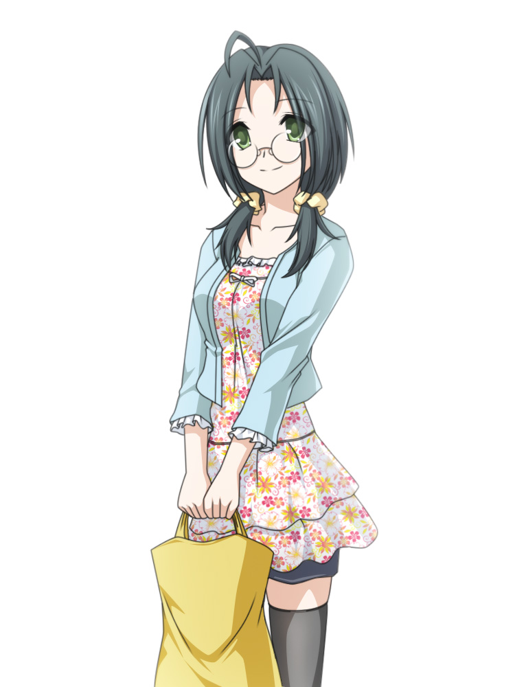 00s, 1girl, ahoge, bad_id, bad_pixiv_id, bag, black_thighhighs, breasts