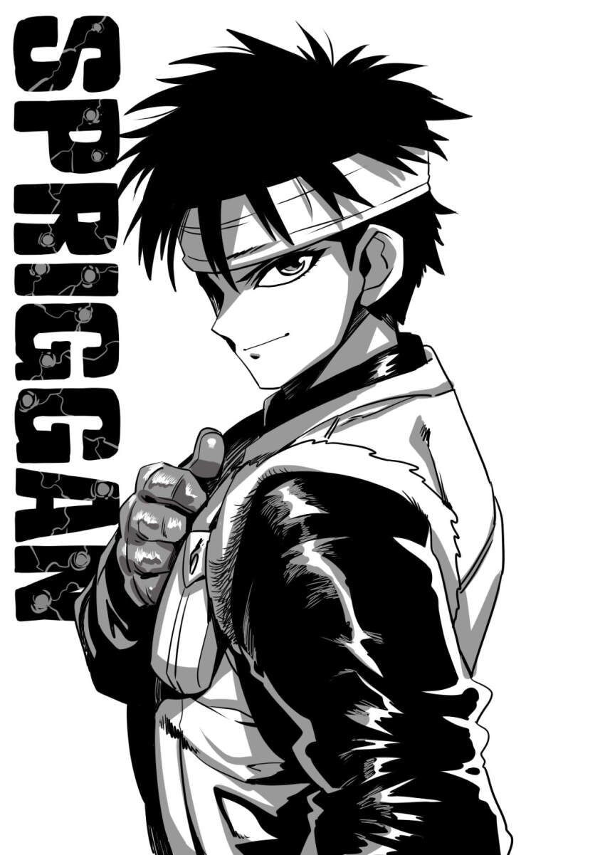 1boy, closed_mouth, gloves, greyscale, headband, highres, looking_at_viewer, male_focus