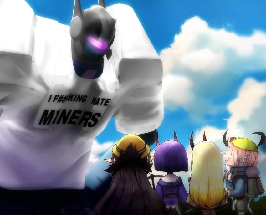 1boy, 4girls, back, black_hair, blonde_hair, braid, brown_gloves, cloud