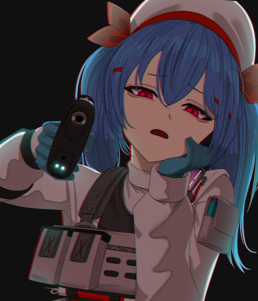 1girl, absurdres, aiming, aiming_at_viewer, beret, black_background, blue_gloves, blue_hair, colphne_(girls'_frontline_2), commentary_request, girls'_frontline, girls'_frontline_2:_exilium, gloves, grief_13, gun, hair_between_eyes, hand_on_own_cheek, hand_on_own_face, handgun, hat, highres, holding, holding_gun, holding_weapon, long_sleeves, looking_at_viewer, pistol, pocket_pistol, red_eyes, simple_background, solo, taurus_curve, twintails, upper_body, weapon, white_hat