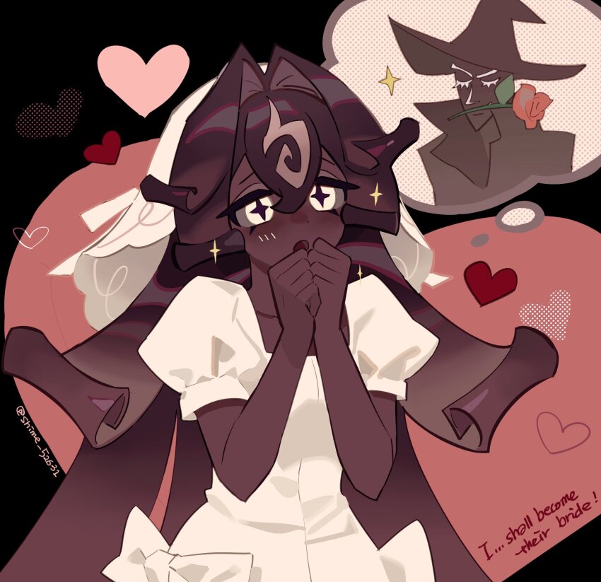 +_+, 1girl, 1other, :o, black_background, black_forest_cookie, bow, bridal_veil