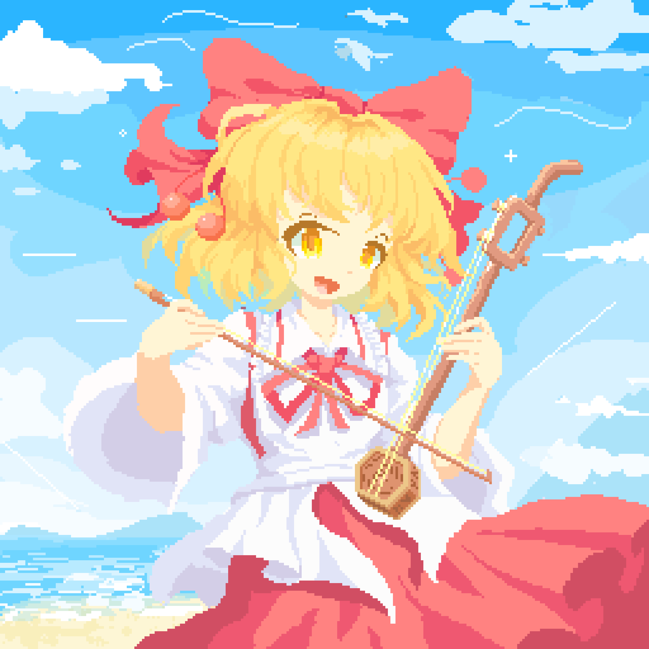02charaice20, 1girl, absurdres, beach, blonde_hair, blue_sky, bow, bow_(music), cloud, day, detached_sleeves, erhu, frills, hair_bow, hair_ornament, hair_ribbon, highres, holding, holding_bow_(music), holding_instrument, instrument, japanese_clothes, music, outdoors, pixel_art, playing_instrument, red_bow, red_skirt, ribbon, satsuki_rin, scenery, shirt, short_hair, skirt, sky, smile, solo, touhou, water, white_shirt, wide_sleeves, yellow_eyes