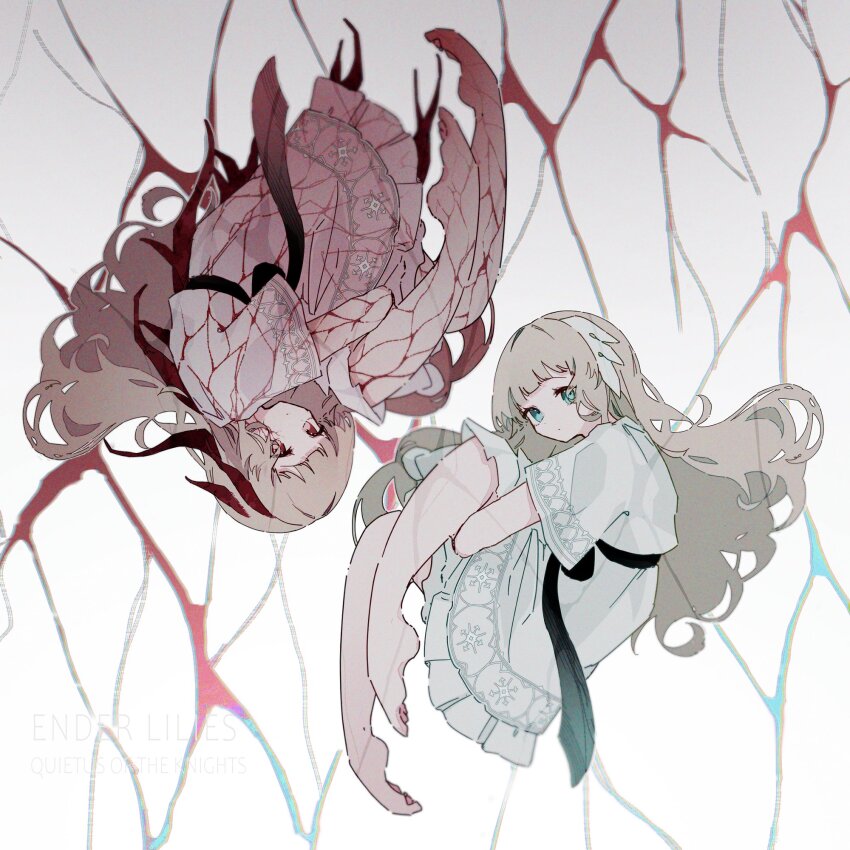 2girls, barefoot, blue_eyes, clone, corruption, dress, ender_lilies_quietus_of_the_knights, expressionless