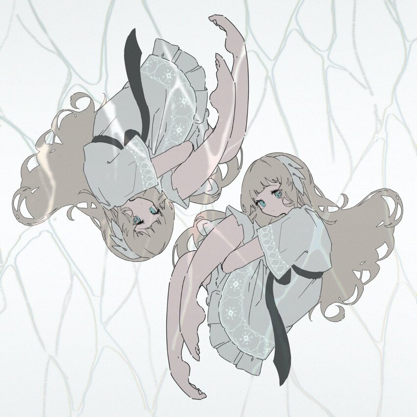 2girls, barefoot, blue_eyes, clone, dress, ender_lilies_quietus_of_the_knights, expressionless, full_body