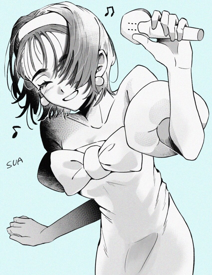 1girl, alien_stage, bare_shoulders, beamed_eighth_notes, blue_background, bow, character_name, chest_bow